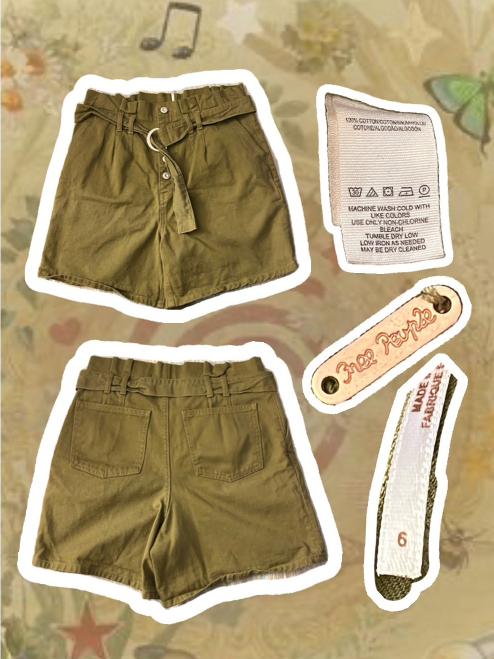 Free People Olive Green High-Waist Paperbag Shorts with Belt